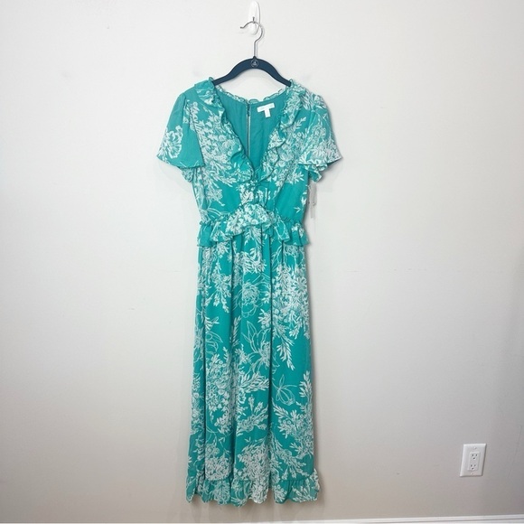 Abound Floral Ruffle Midi Dress Green White V neck Girly Flirt Spring Summer - Picture 2 of 8